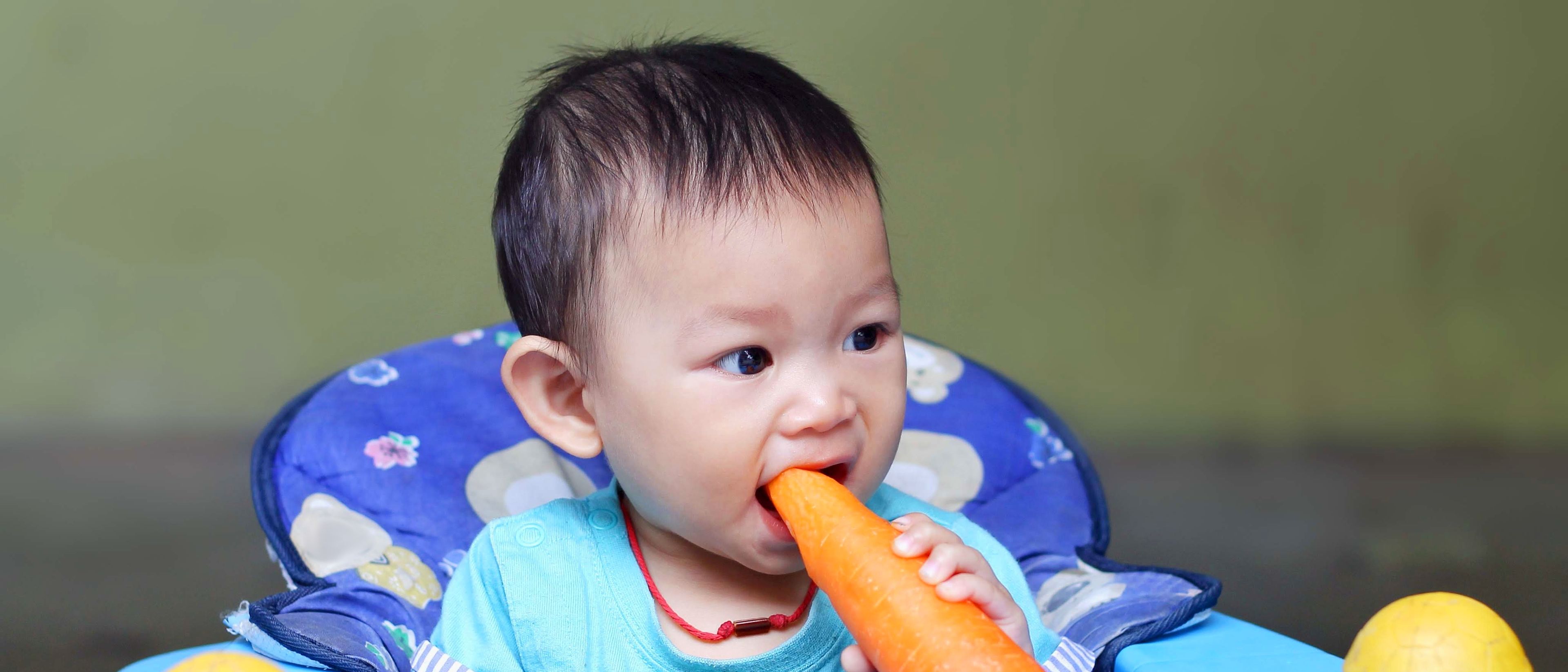 A baby girl eating toy carrot.